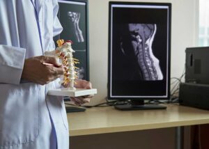 Adult receiving a careful spinal adjustment in a bright clinical room while discussing posture with a practitioner